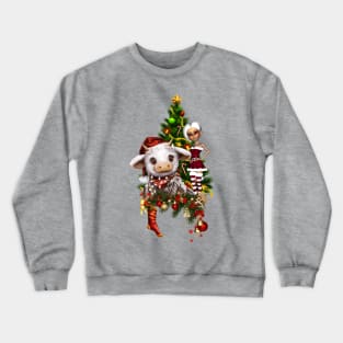 Cute christmas cow with little elf and christmas tree Crewneck Sweatshirt